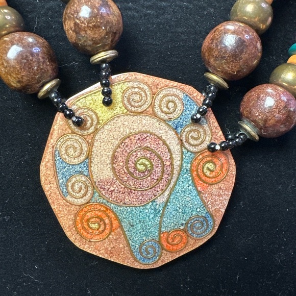 Beaded Necklace with Swirl Pendant Maximalism Architectural Chunky Boho Indie - Picture 8 of 9